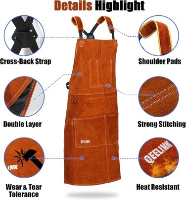 Швейний фартух QeeLink зі шкіри з рукавичками, 6 кишень, вогнестійкий та жаростійкий, коричневий