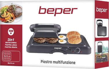 Електрогриль BEPER 90.871 з кришкою, антипригарне покриття, нержавіюча сталь, чорний (1600 Вт)