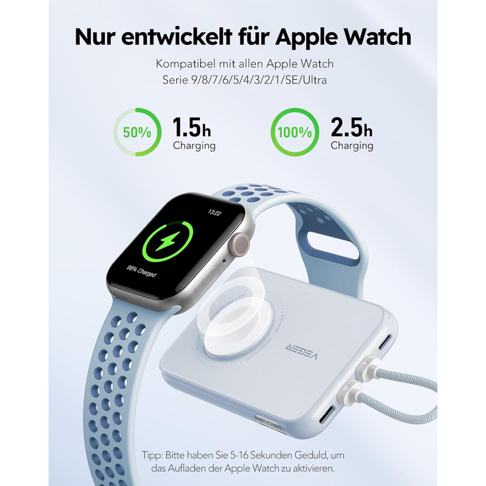 Вт PD, 10000 мАг, вбудований кабель Apple, зарядка Apple Watch, 2 шт. USB-C, синій, 20