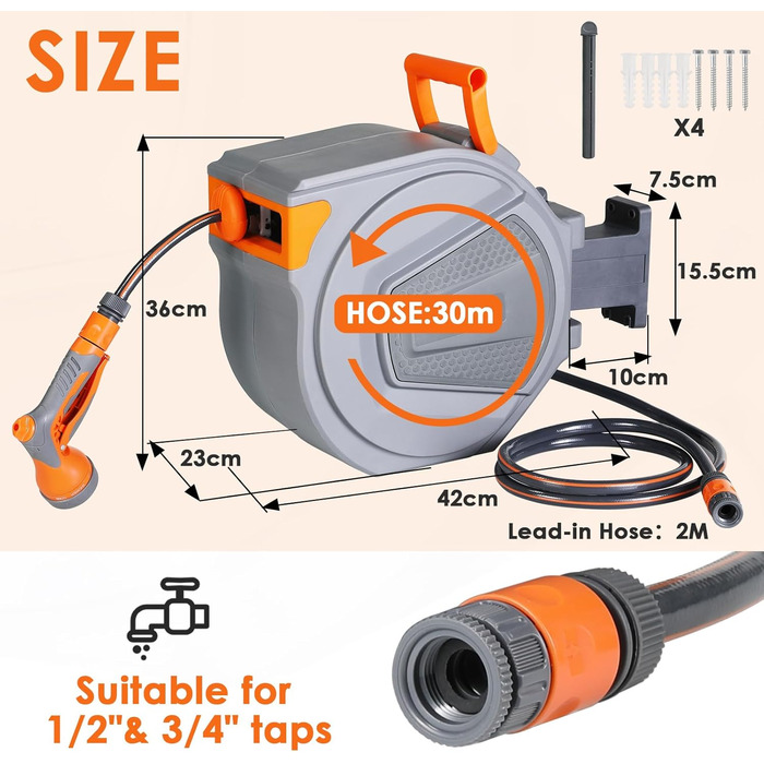 Шланговий барабан з шлангом 30м для саду, настінний автоматичний ролик, поворот 180°, водяний бокс з 9 функціями, для поливу та миття авто, сірий-помаранчевий, 30M