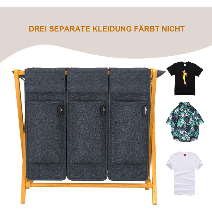 Кошик для білизни AdelDream з 3 відділеннями, 150л, бамбук, сірий - система сортування