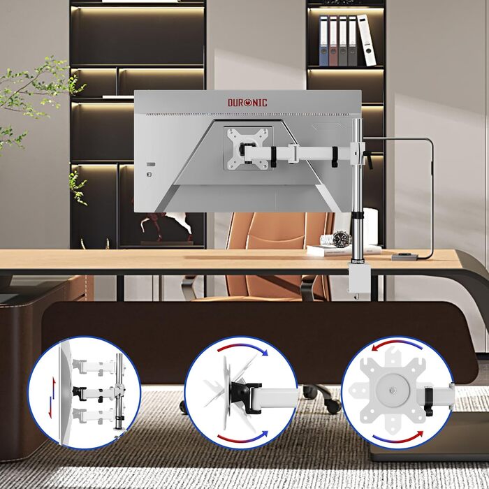 Кріплення для монітора Duronic DM251X3 WE: підходить для моніторів 13-27 дюймів, підтримує до 8 кг, регульоване по висоті, нахил, поворот, VESA кріплення