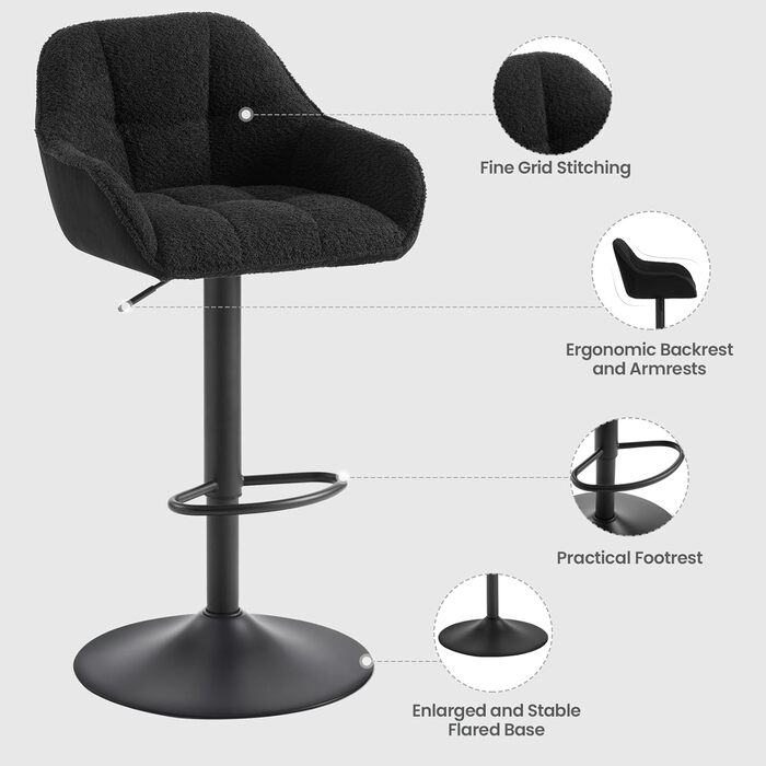 Набір з 2 барних стільців WOLTU, регульована висота, з підніжкою, обертаються, з м'яким сидінням, чорний, метал, Chenille Cord