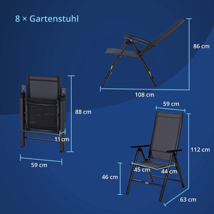 Садовий стілець KHG Складаний стілець Alu з високою спинкою, регульована спинка в 8 напрямках з підлокітником, антрацитово-сірий атмосферостійкий до іржі, 120 кг з можливістю завантаження, балконний стілець, попередньо зібраний, пластикова тканина (8 шт. 