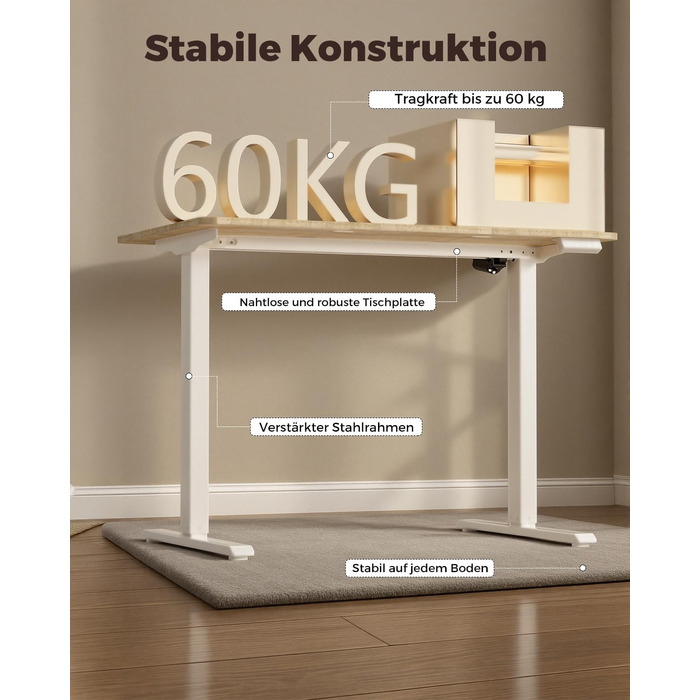 Регульований по висоті письмовий стіл для дому та офісу з пам'яттю на 2 пресети, стіл для ігор та роботи, колір вінтажний коричневий (100 x 60 см)