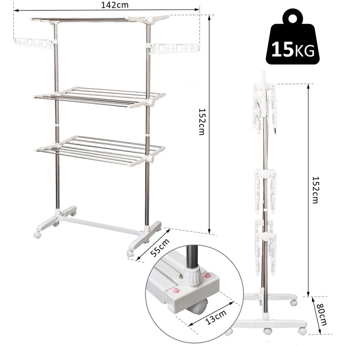 Мобільна сушарка HOMCOM сушарка для білизни Башта бічні стулки складні (4 рівня) на 3 або 4 рівнях (142 x 55 x 152 см)
