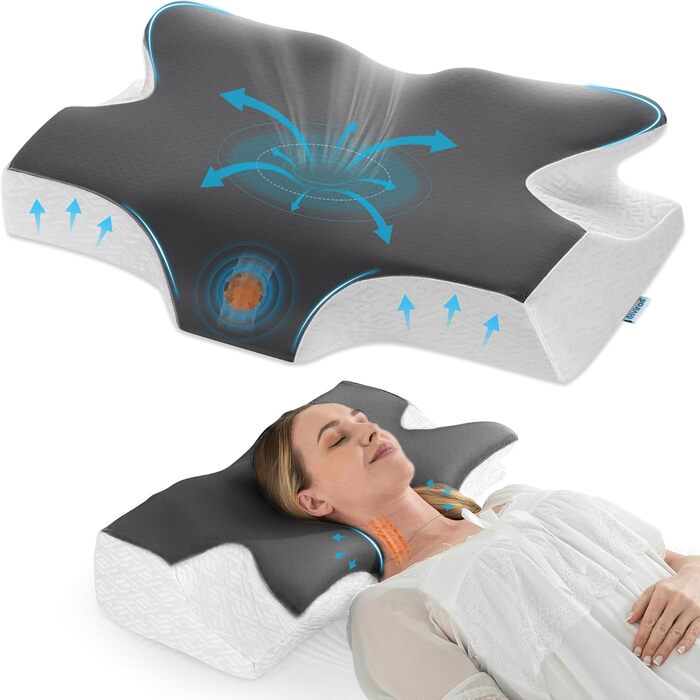 Ортопедична подушка Elviros з Memory Foam, ергономічна підтримка шиї для тих, хто спить на боці, спині та животі, знімний чохол, темно-сіра