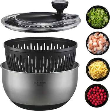 Салатниця-центрифуга Silberthal з нержавіючої сталі, 4,5 л - велика, з неслизьким дном, з ручним приводом та стоп-кнопкою, BPA-free, придатна для миття в посудомийній машині