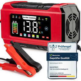 Зарядний пристрій для акумулятора HAUSPROFI 15A 12V/24V з функцією ремонту та підтримання заряду, 9-ступінчаста зарядка, LCD-дисплей для авто, вантажівки, мотоцикла, човна. Підходить для акумуляторів: свинцево-кислотних, AGM, EFB, LiFePO4