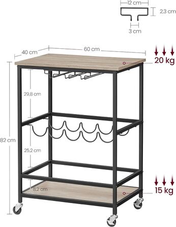Візок для сервірування VASAGLE, барний візок, винний стелаж на коліщатках, кухонний візок, тримач для келихів для вина, тримач для пляшок, 40 x 60 x 82 см, промисловий дизайн, сірий строкатий чорний LRC087B02 сірий строкатий чорний