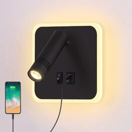 Світлодіодна настінна лампа для читання ERWEY, регульована настінна лампа потужністю 3 Вт 4000 КБ5 Вт 3000 КБ, настінна лампа з вимикачем і USB-портом для зарядки, для ліжка, спальні, чорний квадратний, 138 мм, чорний