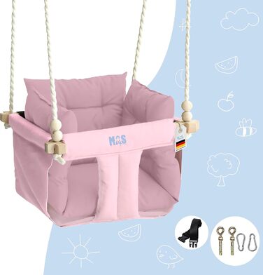 Дитяча гойдалка для дому та саду з бука, рожева. Максимальне навантаження 25 кг. Комплект кріплення