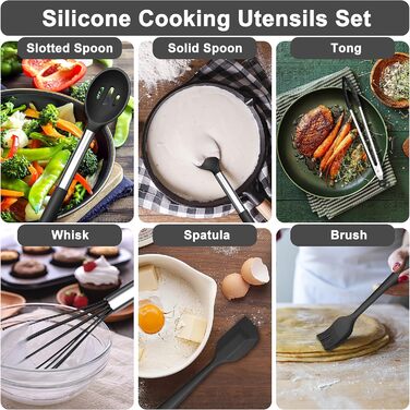Набір кухонного приладдя Herogo, 12 шт. Силіконові кухонні інструменти з нержавіючою сталею, стійкі до високих температур, лопатки, ложки, шпателі з підставкою, легко миються - Чорний