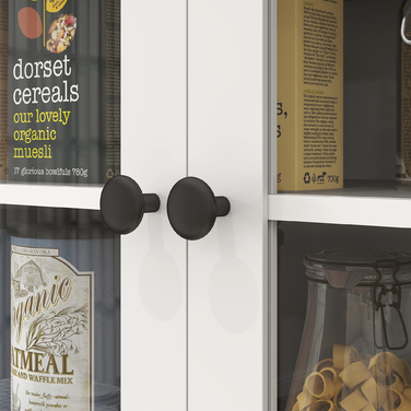 Вільно стояча кухонна шафа з робочою поверхнею для мікрохвильової печі, кавоварки, полиць та скляних дверей, білого кольору