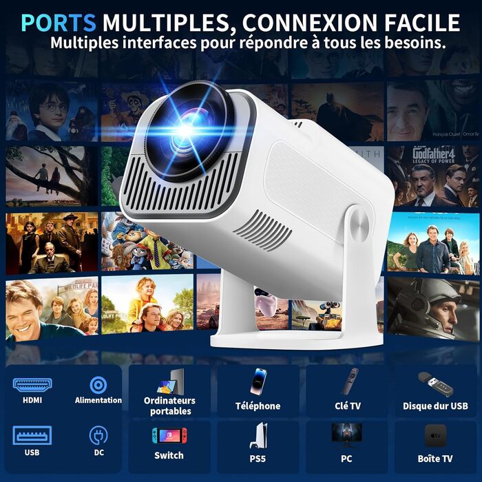 Портативний проєктор Mini Beamer 4K Full HD 1080P з Wi-Fi 6 та Bluetooth 5.2. Підтримка HDMI, TV Stick, Memory Stick, Laptop. Автоматична корекція трапецеїдальних спотворень, 270° обертання, білий. Модель 2026