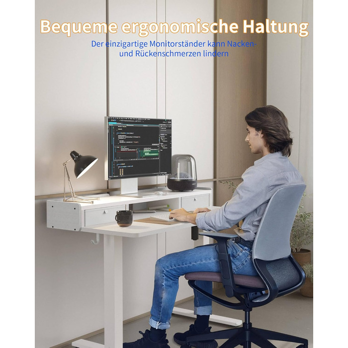 Електричний стіл YIHAYO з висувними ящиками та підставкою для монітора 120x60 см, з функцією пам'яті, Natural White, білий каркас/поверхня