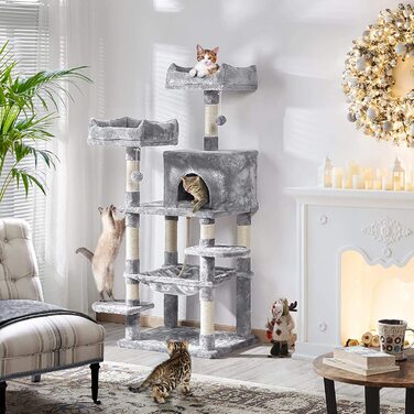 Кігтеточка Yaheetech Cat Tree 150 см з 2 приємними оглядовими майданчиками Sisal Cat Furniture Дерево для скелелазіння для великих кішок, світло-сіре 60,5 см x 50,5 см x 146,5 см (ДхШхВ) Світло-сірий