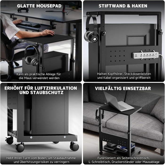 Регульована підставка для ПК PUTORSEN з 2 рівнями, з роликами та підкладкою для миші, чорна (Mid-Tower)