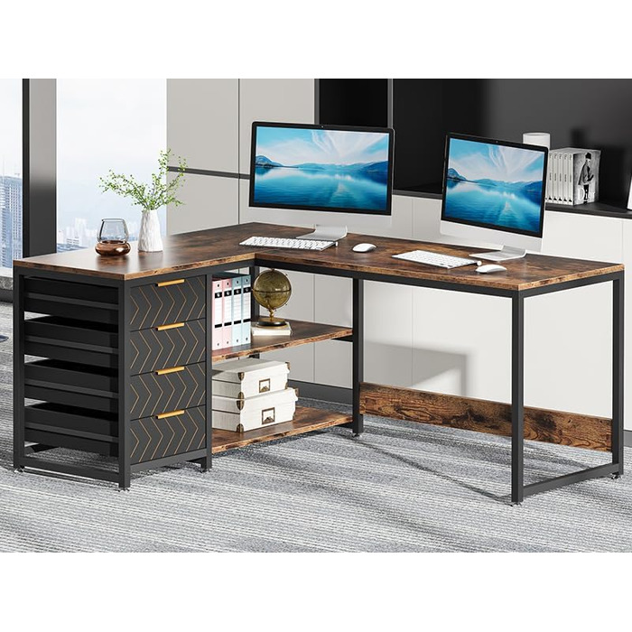 Tribesigns Кутовий стіл у формі літери L з 4 висувними ящиками, комп'ютерний стіл з 2 полицями, реверсивний кутовий стіл з місцем для зберігання для офісу, кабінету, вітальні, 150×110×75 см (Волоський горіх & Білий) (Коричневий)