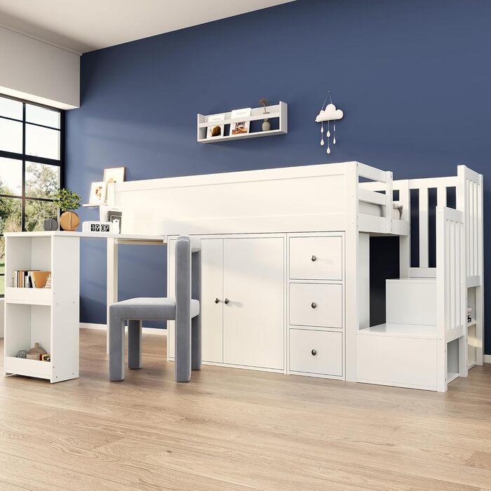 Ліжко дитяче 90x200, дерев'яне з шухлядами, полицями та бічною панелью, захистом від падіння, ламелями та місцем для зберігання, підліткове, функціональне, без матраца, біле