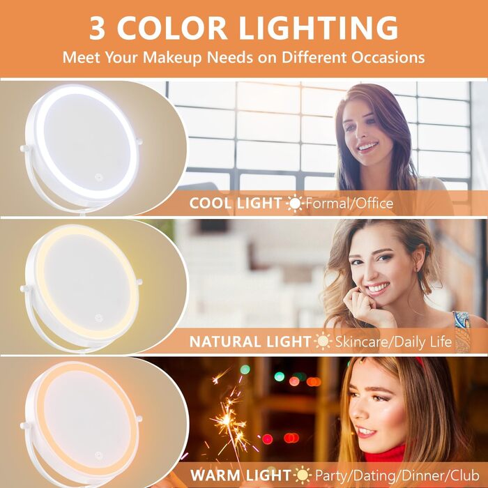 Дзеркало для макіяжу Auxmir з підсвічуванням, 1x, перезаряджуване, з підсвічуванням для гоління, настінне, з регулюванням яскравості, збільшувальне (30x), 3 кольори світла, поворотне на 360°, для ванної кімнати (білий)