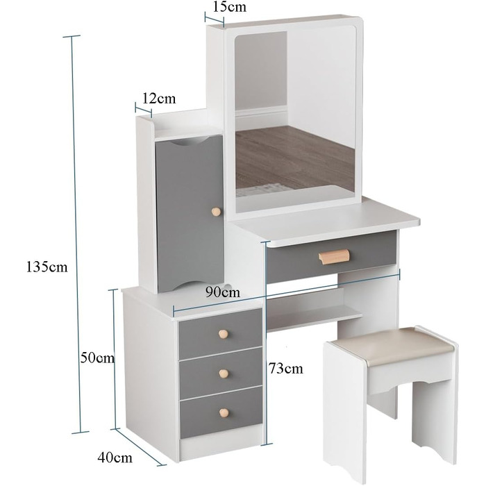 Туалетний столик DEZAGCE з дзеркалом, 4 шухляди та табурет, Сучасний, Білий/Сірий