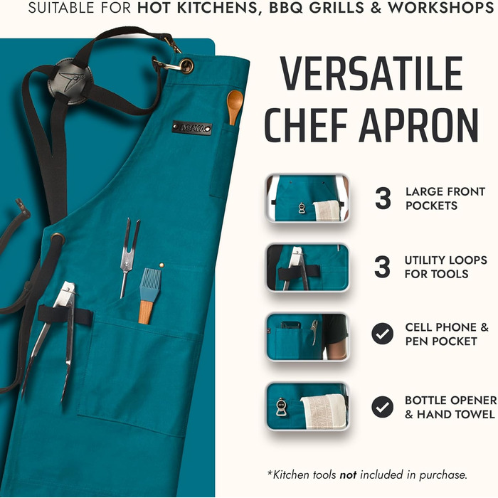 Фартух кухонний Asaya для жінок та чоловіків з рушником та відкривачем для пляшок – 284 мл, канва (синій / зелений)