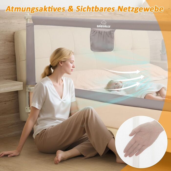 Бортики для ліжка дитячі 3 шт., захисні грати на ліжко для малюків (2x200 см + 1x180 см), сірі, складані