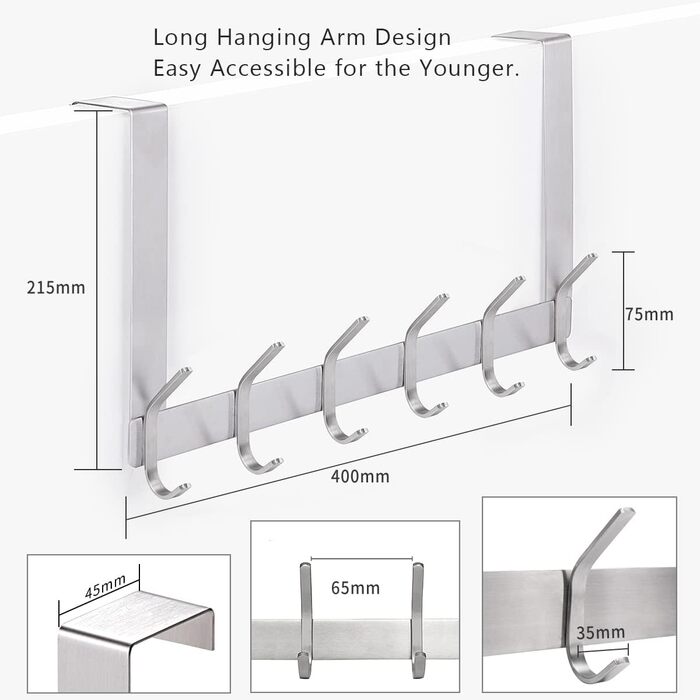 Дверні гачки YUMORE з 12 міцними гачками з нержавіючої сталі для спалень, пальто, курток, гаманців, сумок, одягу та рушників (нержавіюча сталь 304, ) (до 4,5 см, срібло-4,5 см)