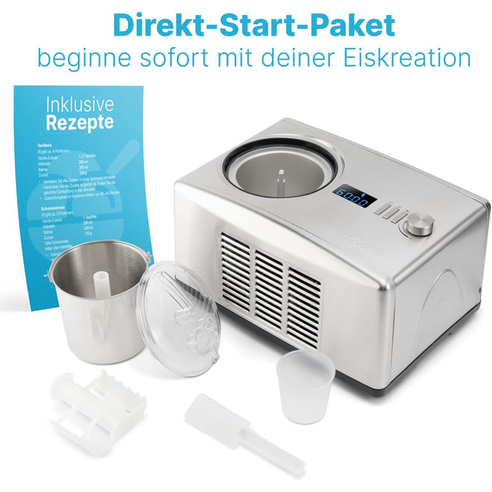 Машина для приготування морозива та йогурту ProfiCook® ICM 1091 N з нержавіючої сталі | Морозиво за 20 хвилин | Об'єм до 1500 мл | З компресором | Для морозива та замороженого йогурту | В комплекті рецепти, шпатель для морозива та мірний стакан | Нова мод