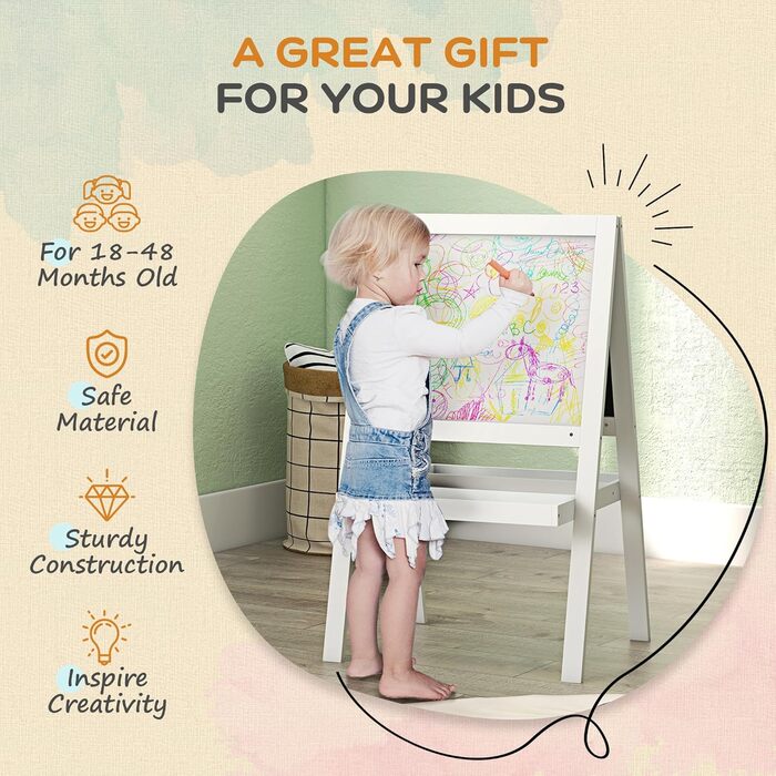 AIYAPLAY Фліпчарт дитячий 2 в 1 - магнітна та крейдяна поверхні, 2 полиці, білий