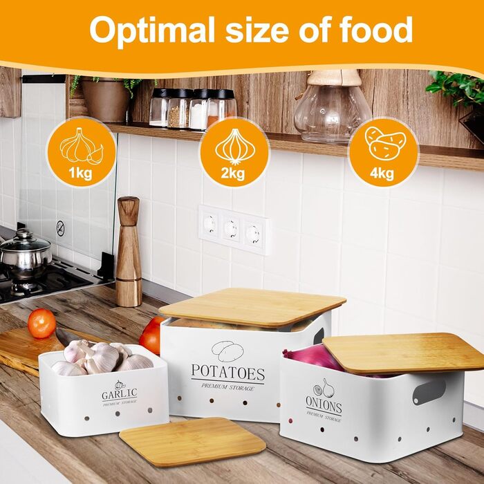 Набір контейнерів для зберігання картоплі, цибулі та часнику (3 шт.) з бамбуковим кришками - зберігає овочі свіжими довше. Чорний (Blanc)