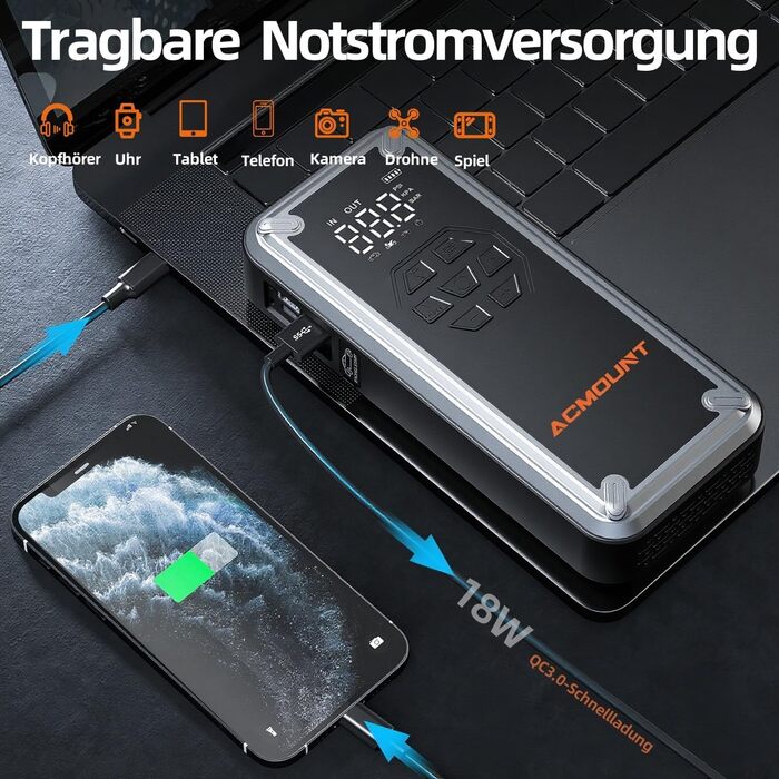 Powerbank для авто Acmount Starthilfe з компресором, 7000A, 150PSI, LCD, LED, для бензинових та дизельних авто (до 9L/8L)