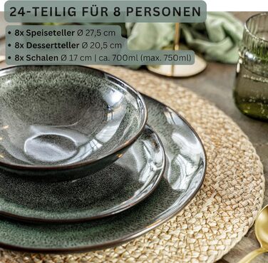 Набір посуду SÄNGER Teller Set Kopenhagen 24 шт. з кераміки для 8 осіб, сервіз включає тарілки для їжі, сніданку та супу, набір тарілок для обіду, стійкий до миття в посудомийній машині, зелений, сірий | PREMIUM COLLECTION 24 шт.
