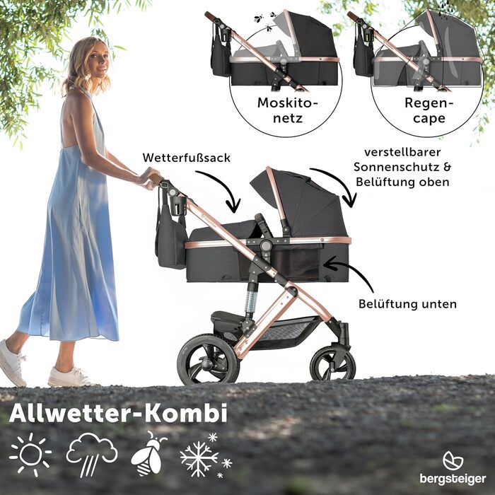 Дитяча коляска Bergsteiger Nizza 3 в 1 (Комплект) сірого кольору: автокрісло, шасі rose golden, люлька, прогулянковий блок + Isofix база