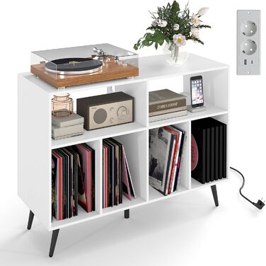 Підставка для програвача COSTWAY з зарядною станцією, тумба для програвача з полицями для зберігання вінілу, стіл для зберігання платівок з 5 металевими ніжками, комод для вітальні, музичної кімнати (білий)