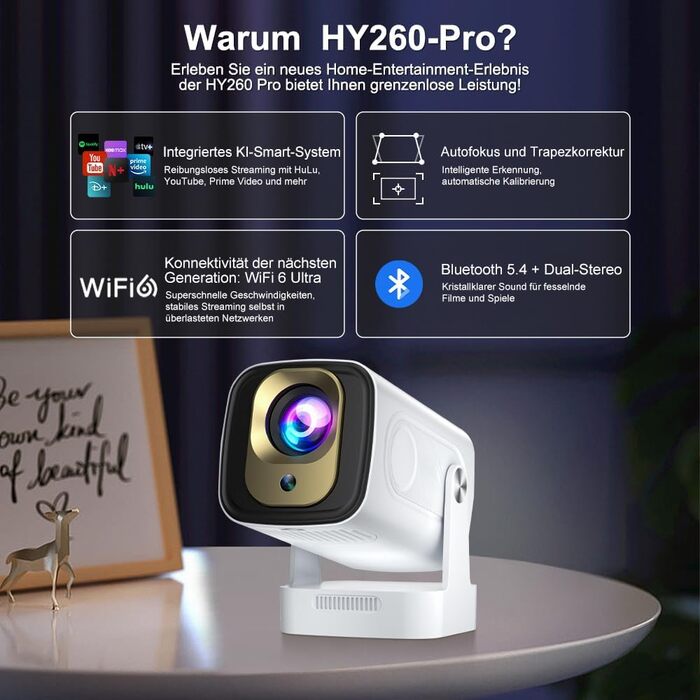 Beamer 4K HY260pro: Портативний проєктор з Wi-Fi 6, Bluetooth 5.4, Android TV, 180° обертанням, 18000 люмен, 5W динамік для дому та відпочинку