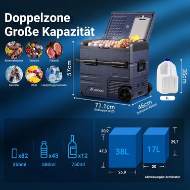 Компресорна холодильна сумка AAOBOSI 55L з двозонним охолодженням, WIFI-керуванням, USB-портом, 12/24V/100-240V, -20°C до 20°C для авто, вантажівки, човна, кемпінгу
