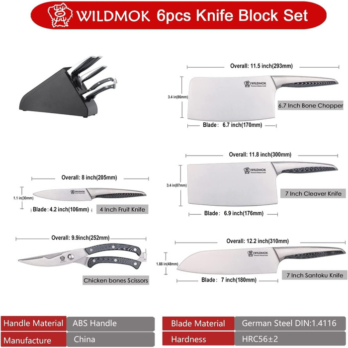 Набір кухонних ножів WILDMOK 6 предметів з блоком. Ультрагострі ножі з нержавіючої сталі з ABS-ручкою. Азіатський набір ножів для кухні