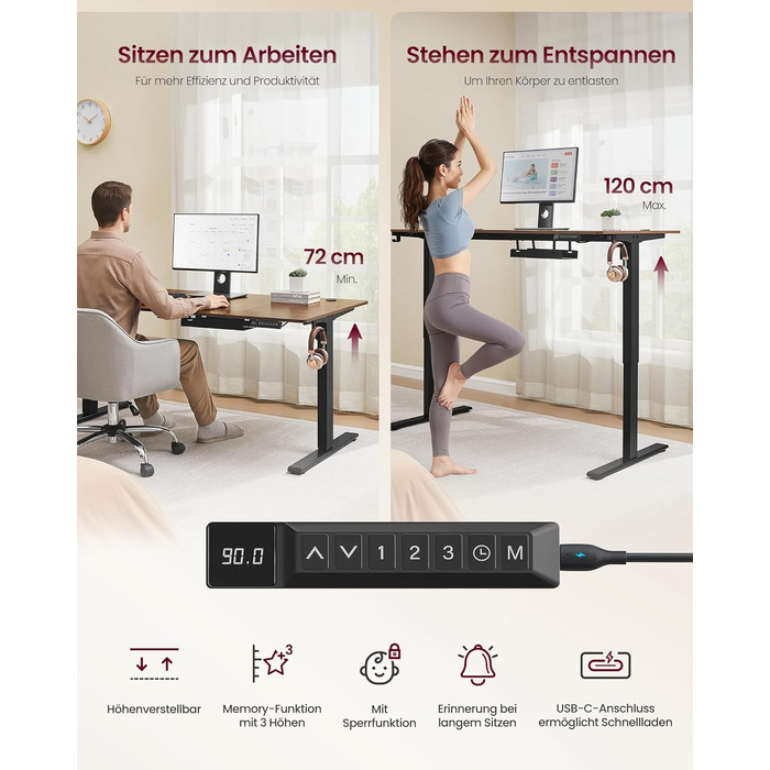 Стол для роботи VASAGLE з регулюванням висоти, USB-C, підставка для розеток, стоячий стіл, нагадування про перерви, 3 пам'яті, 160x80 см, Vintage Brown (LSD146WZ02)