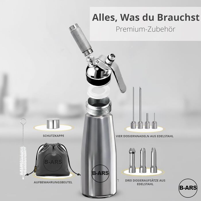 Дозатор для вершків B-ARS з нержавіючої сталі 0,5L з аксесуарами: насадки для декорування, голка для інжекцій, щітка для чищення, сумка для зберігання та електронна книга з рецептами