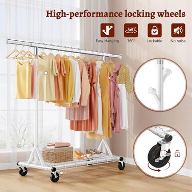 Стійка для одягу на колесах FAVOOOSTY, металева, мобільна, до 200 кг, швидка установка, білий колір, 1 перекладина