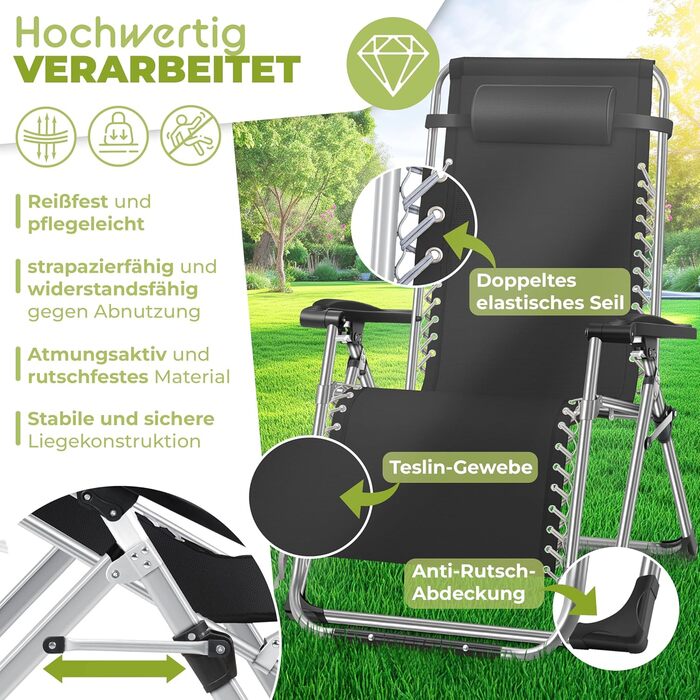 Кесер® Лежак для відпочинку у саду, розкладний, чорний, 200 кг, з подушкою для шиї та тримачем для напоїв