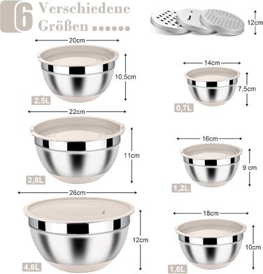 Набір місок Homikit з нержавіючої сталі, 6 шт. з тертками, кришками та силіконовим дном, 4.6/2.8/2.5/1.6/1.2/0.7 л, зелений