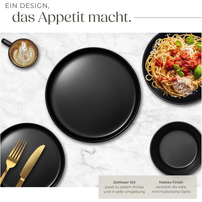 Набір посуду Tectake® 30 предметів: тарілки, миски, чашки, тарілки для їжі та сніданку, глибокі тарілки, миски. Чорний набір посуду з каменю, 6 осіб.