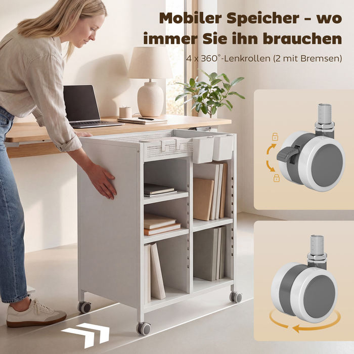 Мобильна полиця для книг на коліщатках, 4 яруси, регульовані полиці та підвісні кошики для домашнього офісу та вітальні, білий