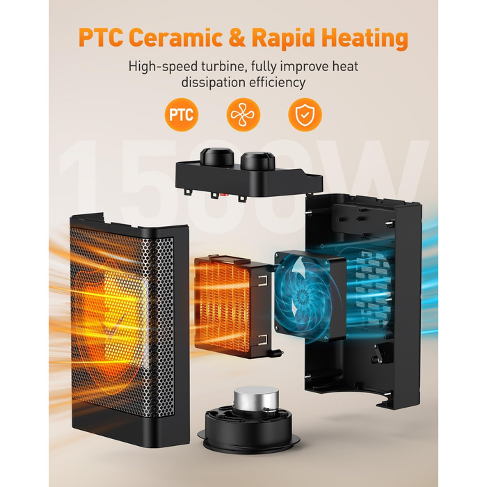 Електричний обігрівач з керамічним нагрівачем, 1500 Вт, 3 режими, осциляція 70°, захист від перекидання, тихий обігрівач для офісу, вітальні, спальні