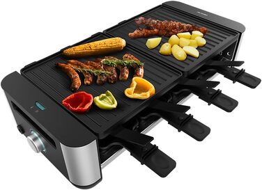 Електричний гриль-рашетниця Cecotec Raclette Cheese&Grill 16000 Inox Black для 8 осіб, 1400 Вт, з регулюванням температури та антипригарним покриттям, 40 x 22 см, 8 сковородок та 8 лопаток