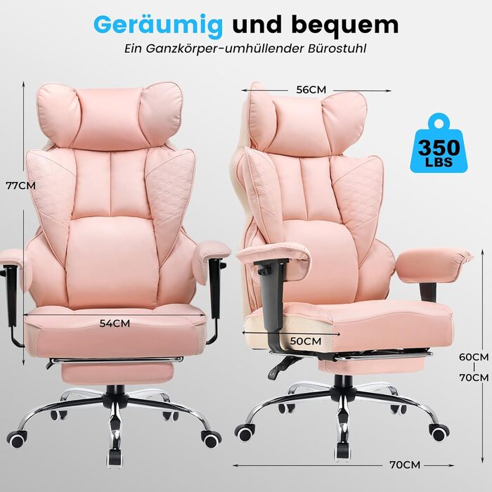 Ігровий крісло COMHOMA з регульованими підлокітниками, підтримкою попереку з кишеньковим пружинним блоком, широке сидіння, 150 кг, рожевий