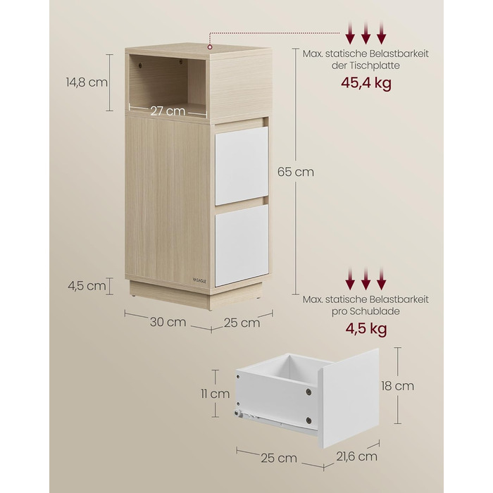 Тумбочка VASAGLE, вузька, 2 ящики, відкрите відділення, гнучке кріплення, натуральний бежевий біла хмара